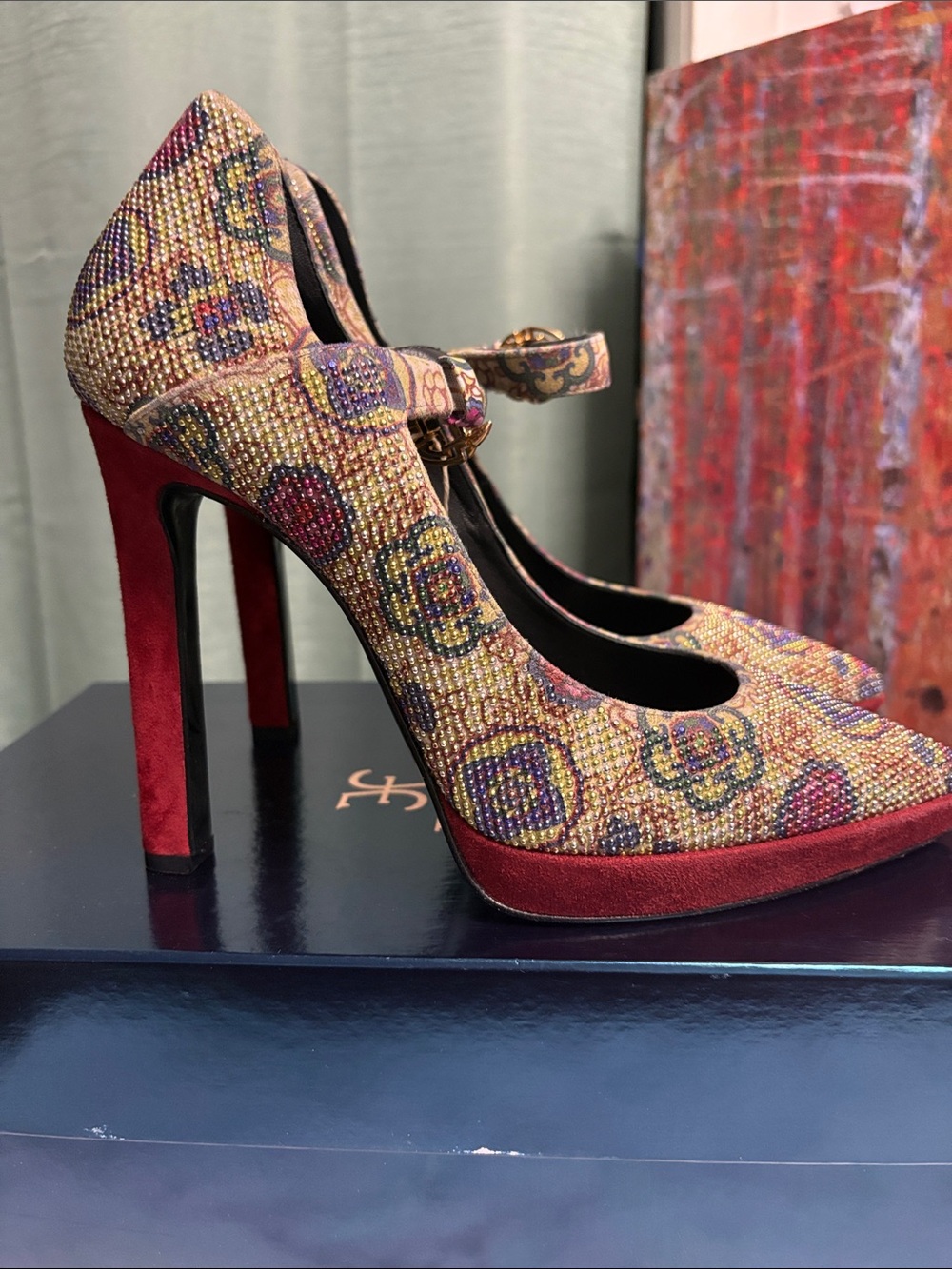 Fabi Multicolor Jeweled Pointed-Toe Mary Jane Heels - Picture 6 of 8